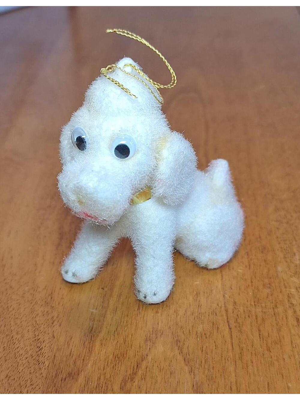 Vintage Flocked White Poodle Dog Christmas Ornament Gold Collar Googly Eyes 3"H